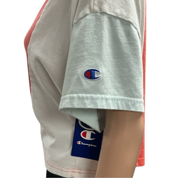 Champion - NWT - Coral, White & Baby Blue Colorblock Boxy Crop Sweatshirt - Picture 3 of 4